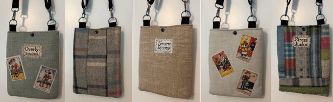 Five crossbody bags in a row — Overly Stimulated, plaid wool, Neuro Spicy, Beautifully Damaged, and Stress Junkie